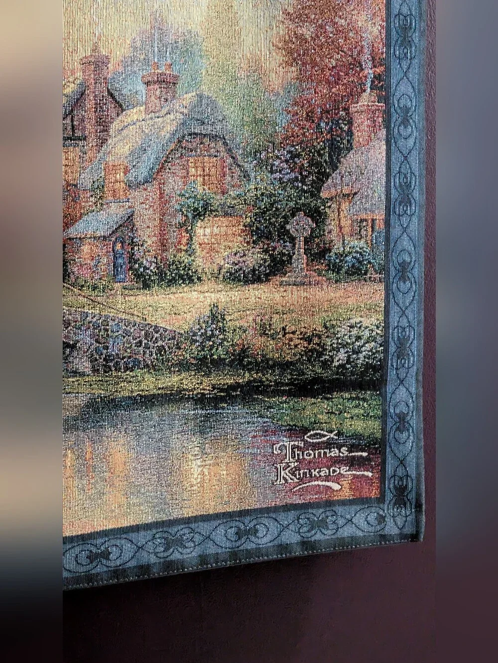 Thomas Kinkade Cottage Bridge Tapestry - Blue, Green, Brown